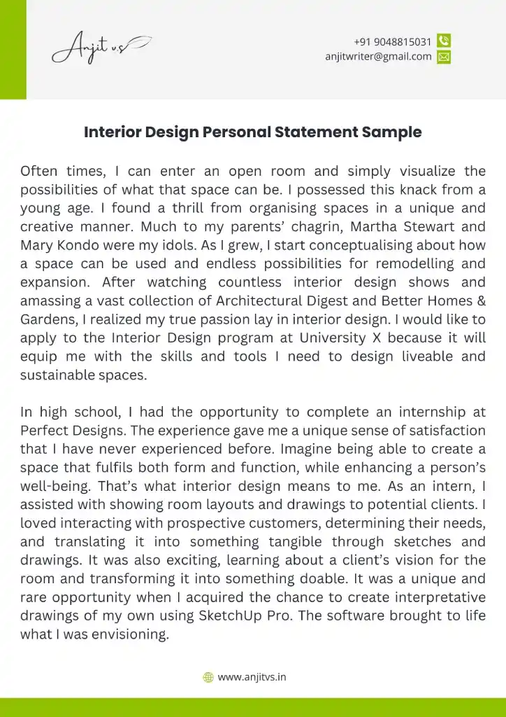example of good personal statement for interior design