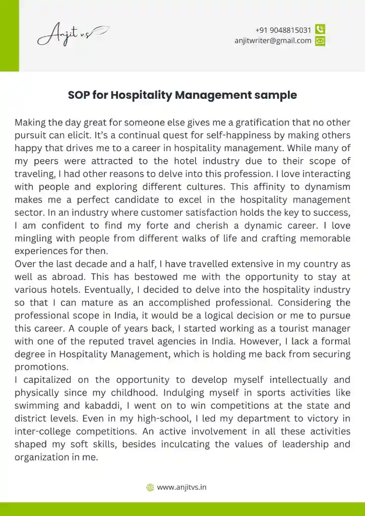 personal statement on international tourism and hospitality management