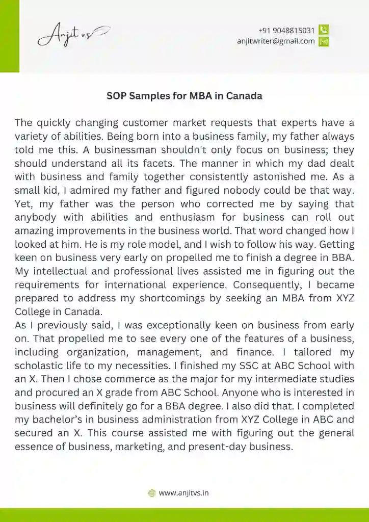 SOP Samples for MBA in Canada 1