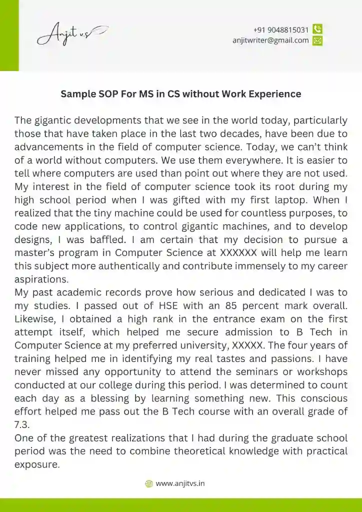 Sample SOP For MS in CS without Work Experience1 1
