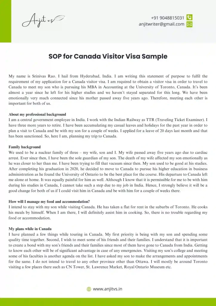 SOP for Canada Visitor Visa Sample 1