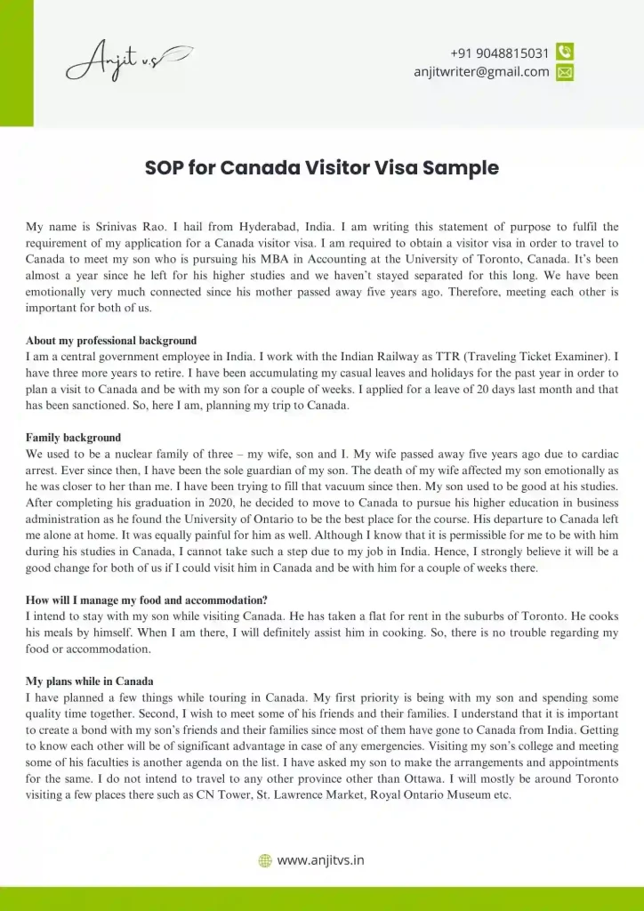 Sop for Canada visitor visa | cover letter tourist visa sample