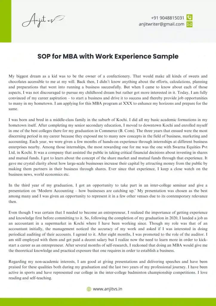 SOP for MBA with Work Experience Sample 1