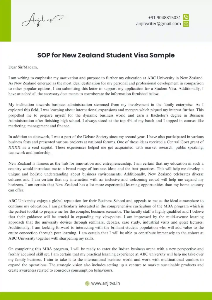 SOP for New Zealand Student Visa Sample 1