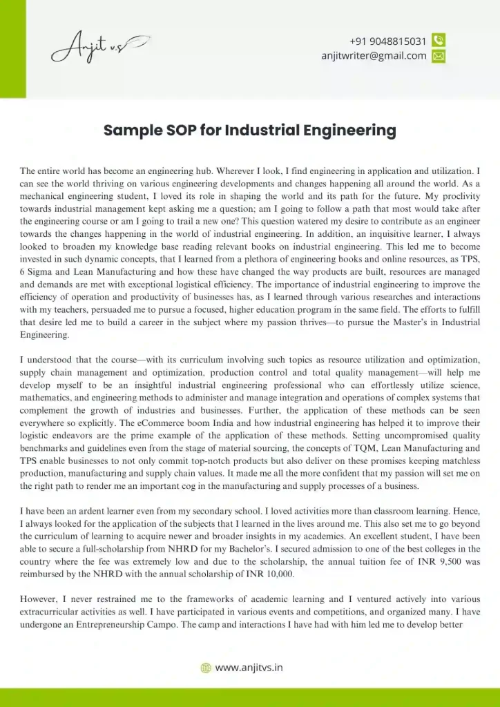 Sample SOP for Industrial Engineering 1