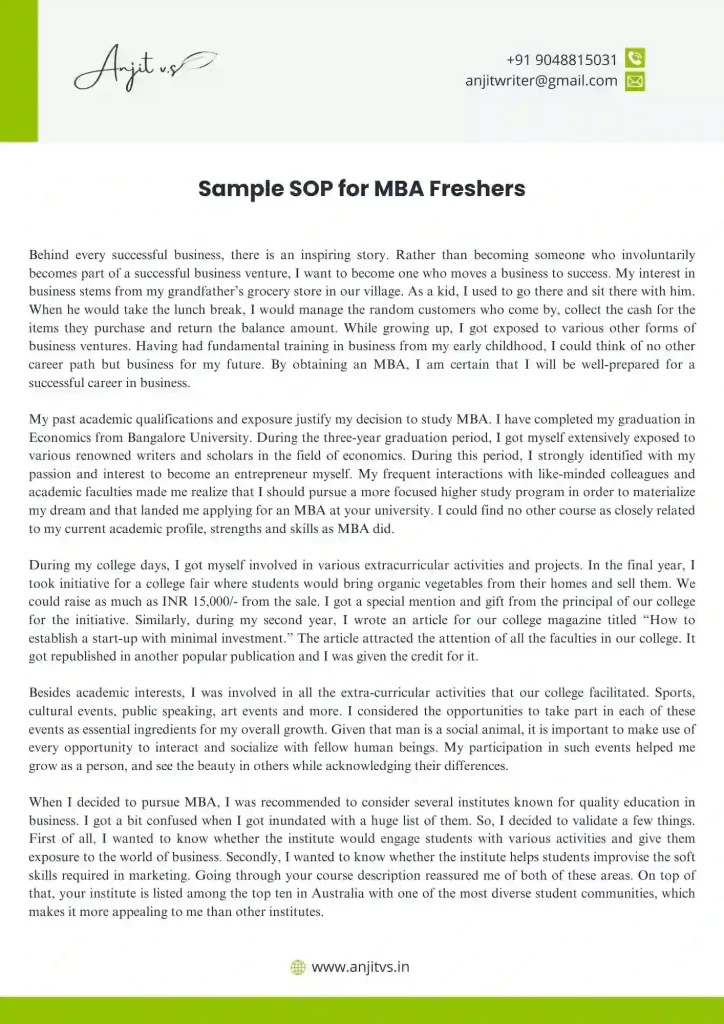 Sample SOP for MBA Freshers 1