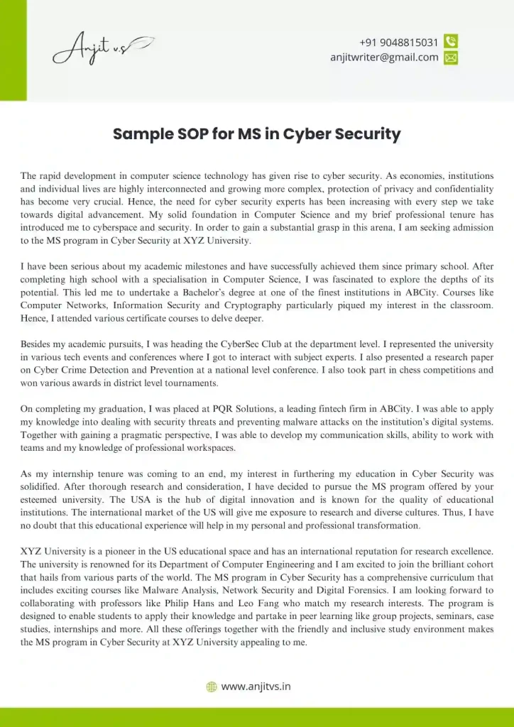 Sample SOP for MS in Cyber Security 1