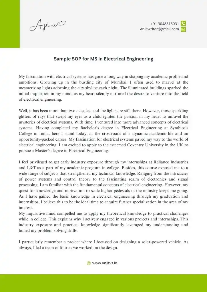 Sample SOP for MS in Electrical Engineering 1