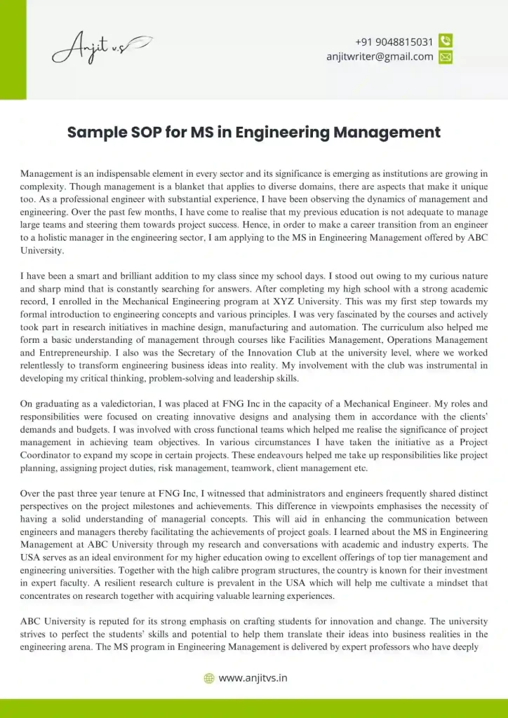 Sample SOP for MS in Engineering Management 1