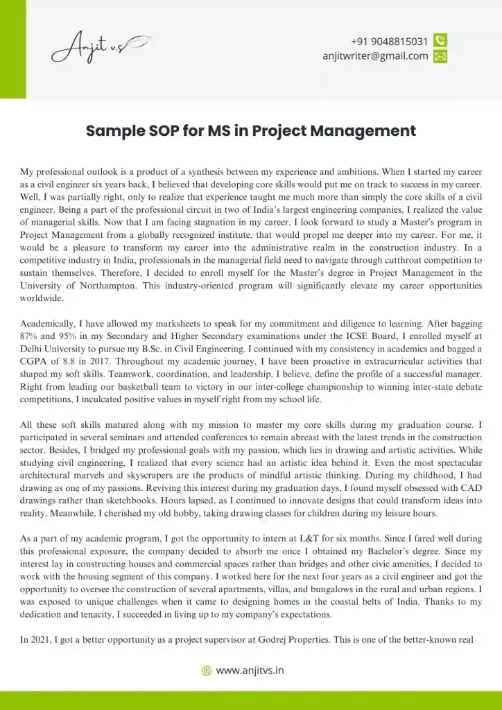 Sample SOP for MS in Project Management 1
