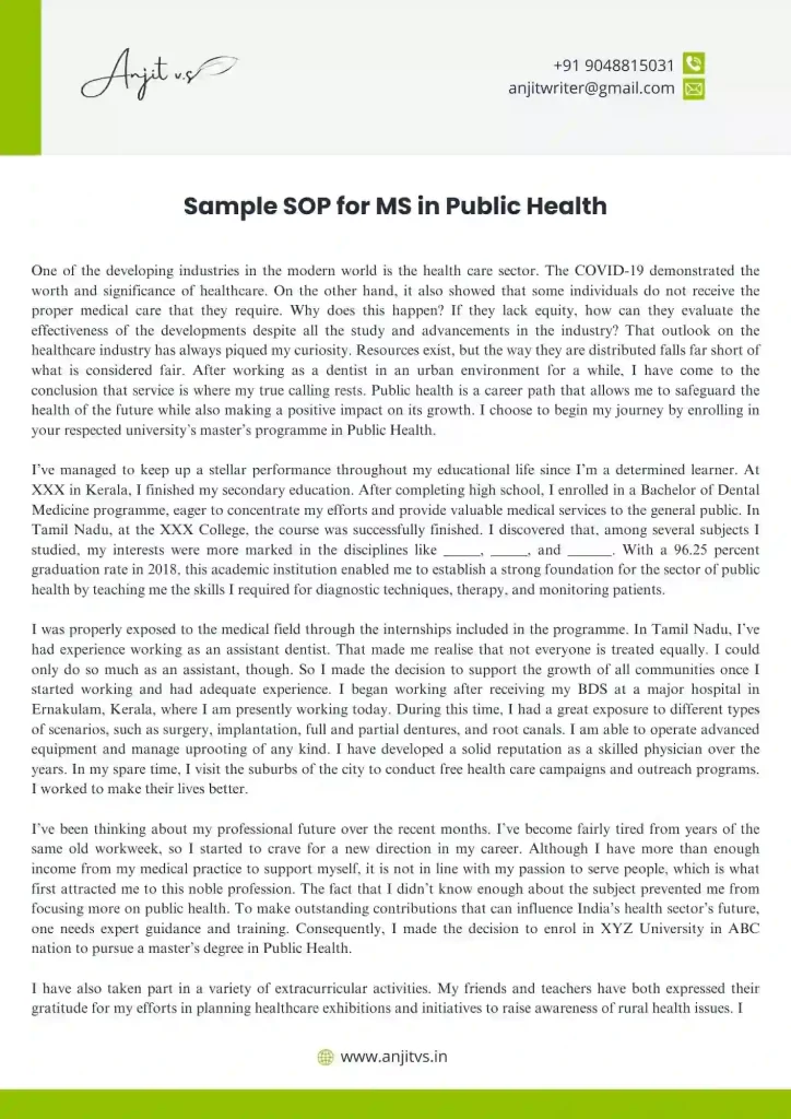 Sample SOP for MS in Public Health 1