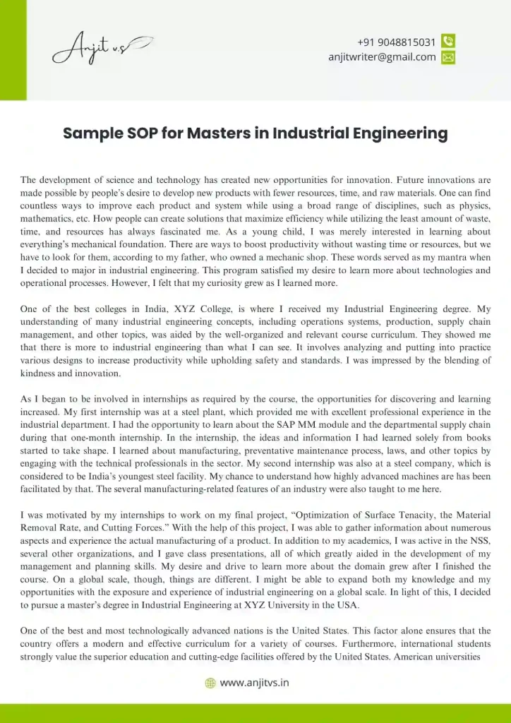 Sample SOP for Masters in Industrial Engineering 1