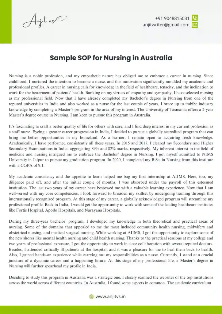 Sample SOP for Nursing in Australia 1
