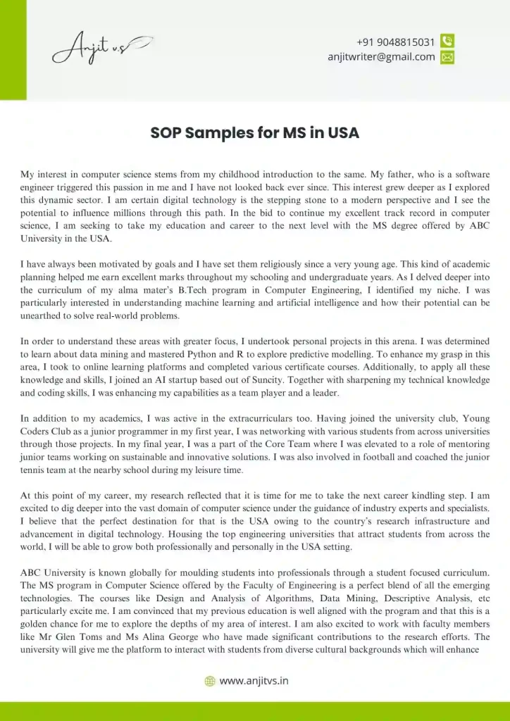 Sample SOP for USA