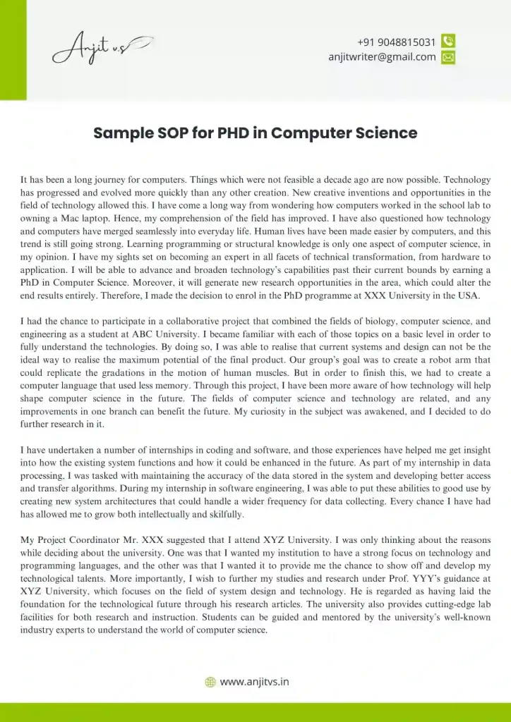Sample Statement of Purpose for PHD in Computer Science 1