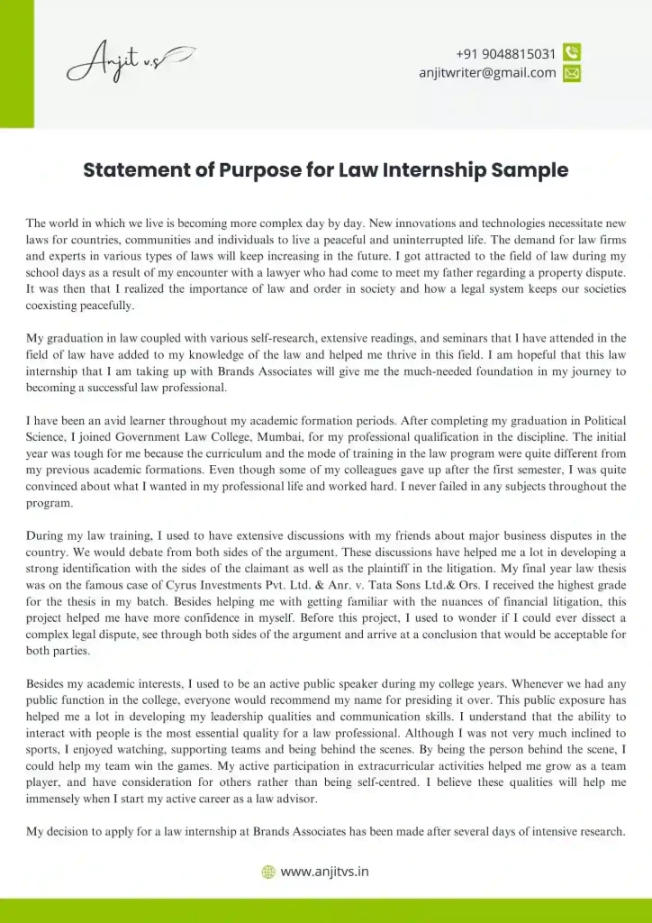 Statement of Purpose for Internship Sample 1