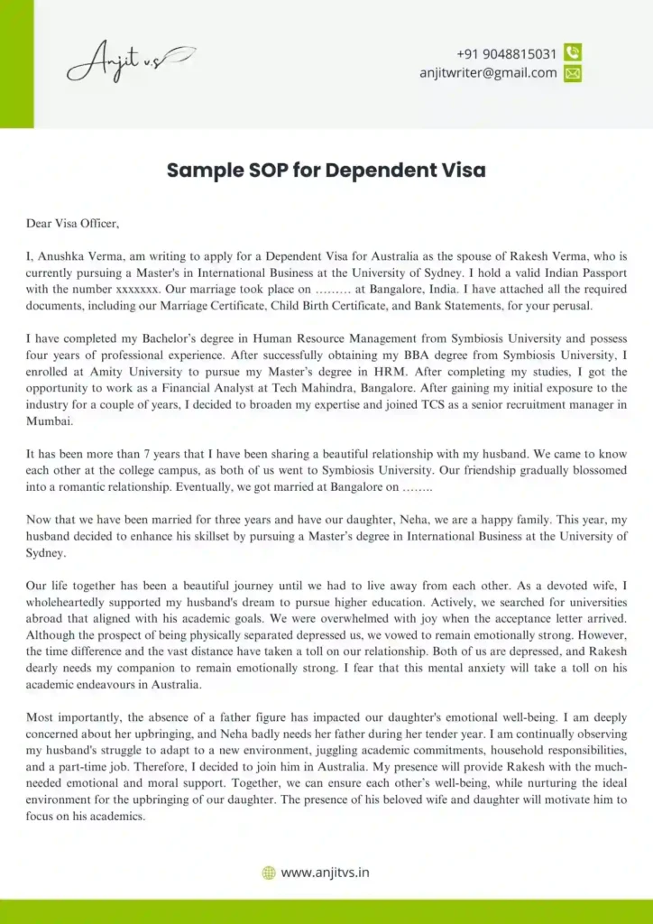 SOP for Dependent Visa Australia Sample 1