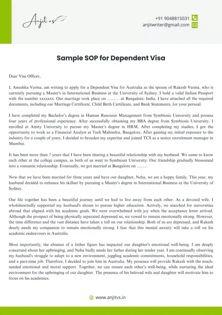 SOP For Dependent Visa Samples Format And PDF