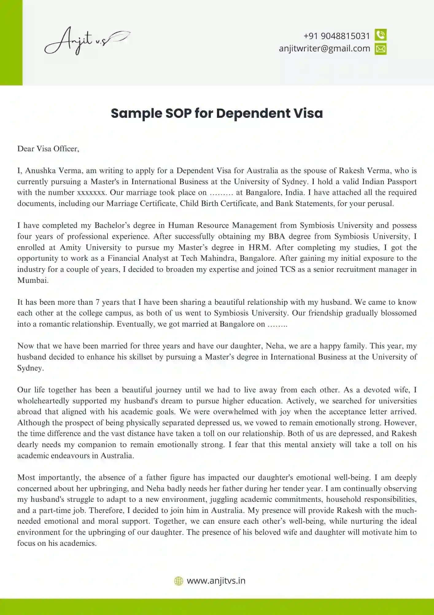 SOP for Dependent Visa - Samples, Format and PDF