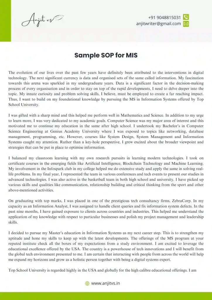 Sample SOP for MS in Information Systems 1