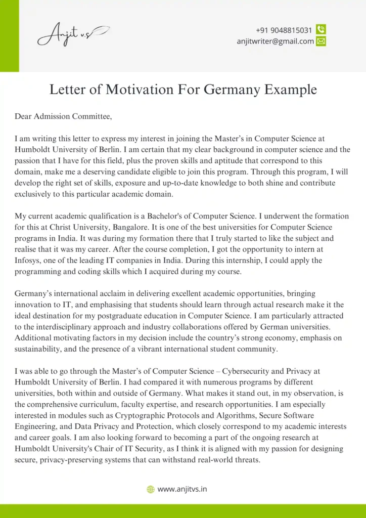 LOM for Masters in Germany Sample