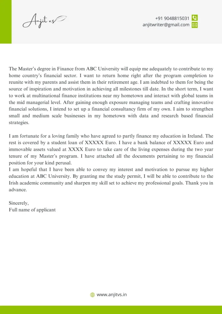 Sample SOP for Ireland Student Visa