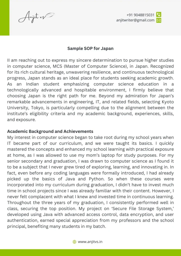 Sample SOP for Japan