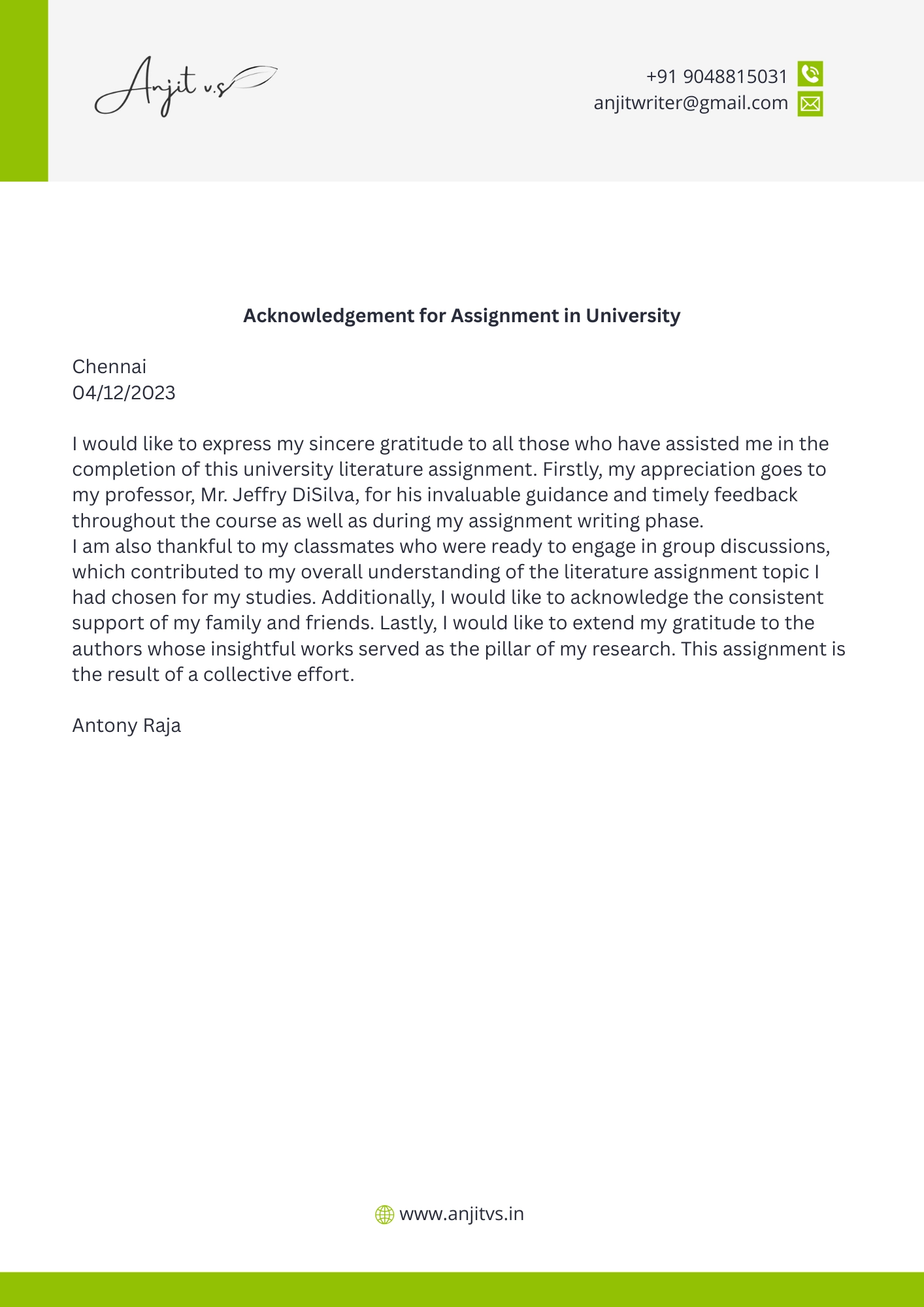 Acknowledgement for Assignment in University