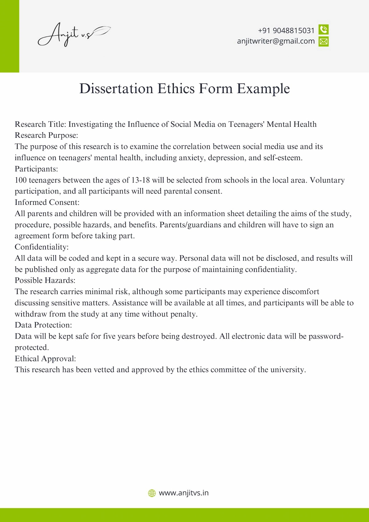 dissertation ethics form sample 1